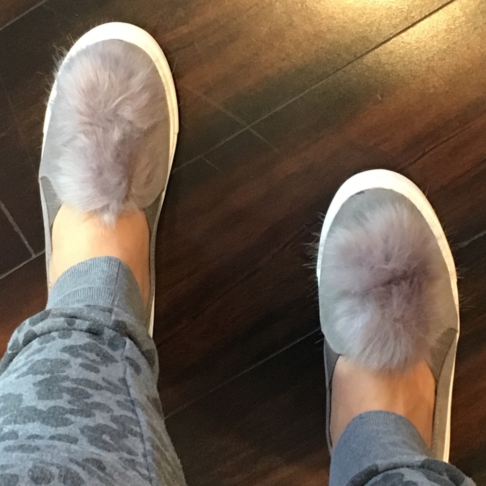 Grey Pom Pom Slip On Sneakers